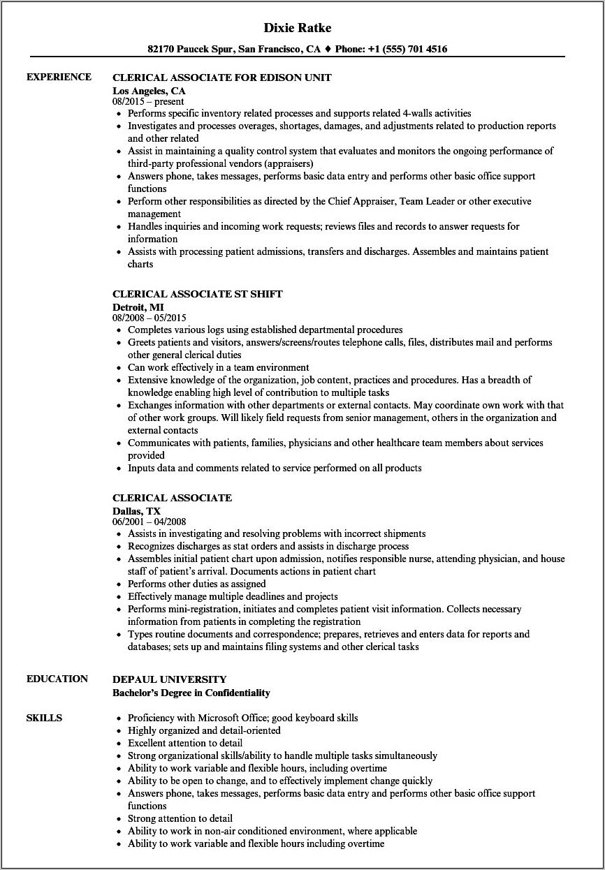 Resume Objectives For Administrative Clerical