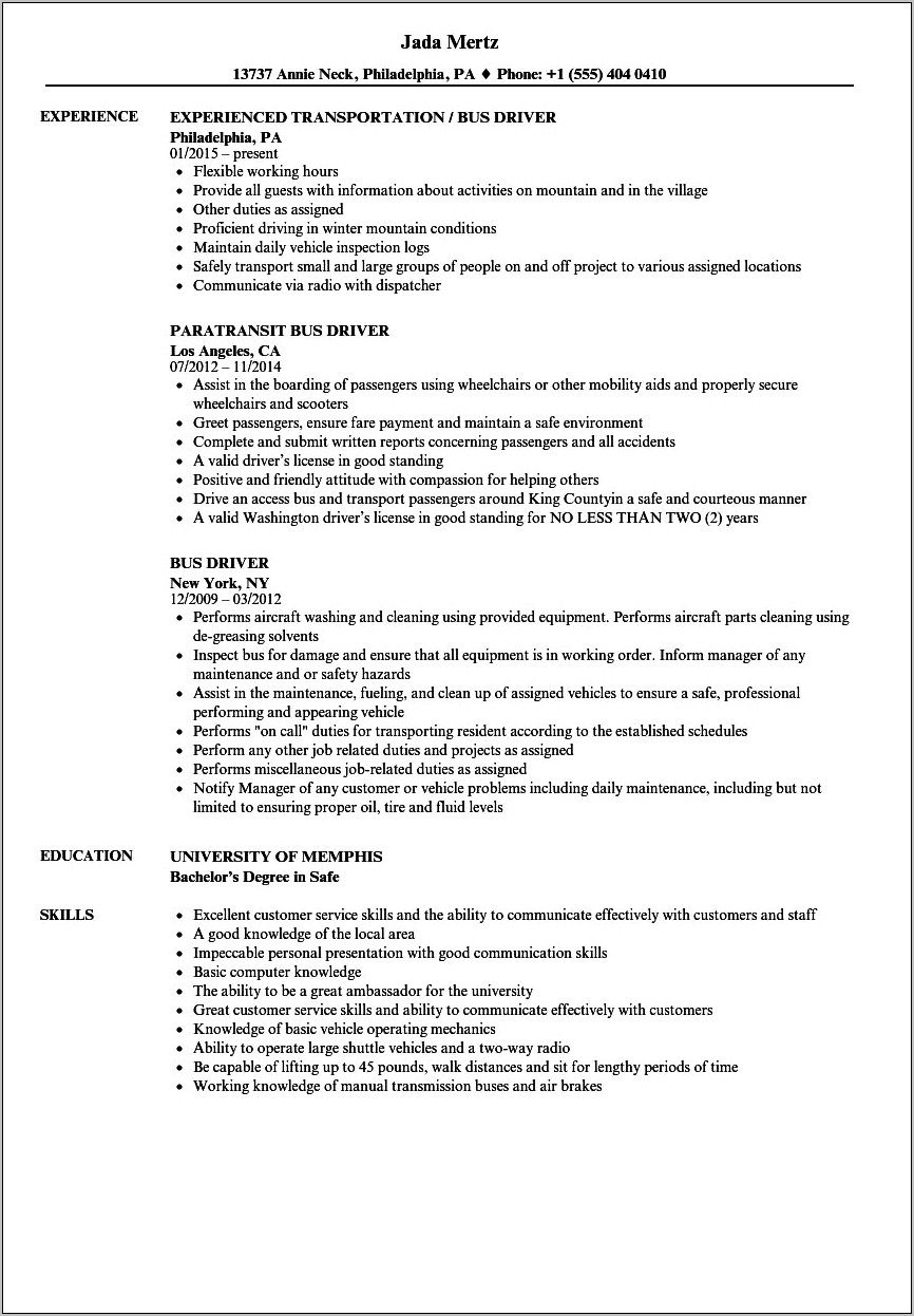 Resume Objectives For Bus Driving
