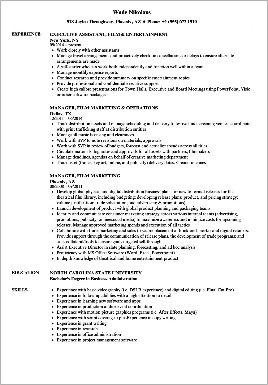 Resume Objectives For Film Industry