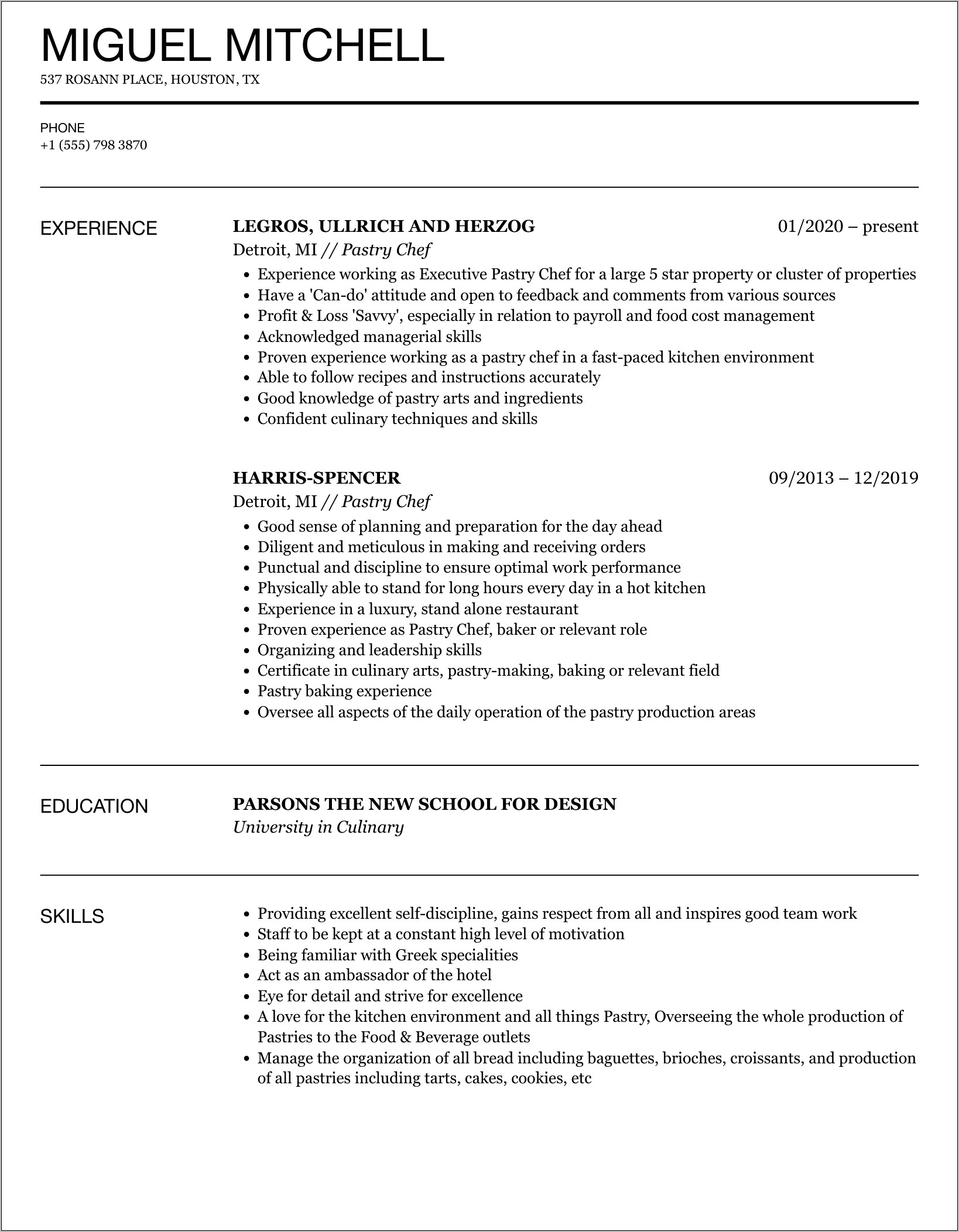 Resume Objectives For Pastry Chef