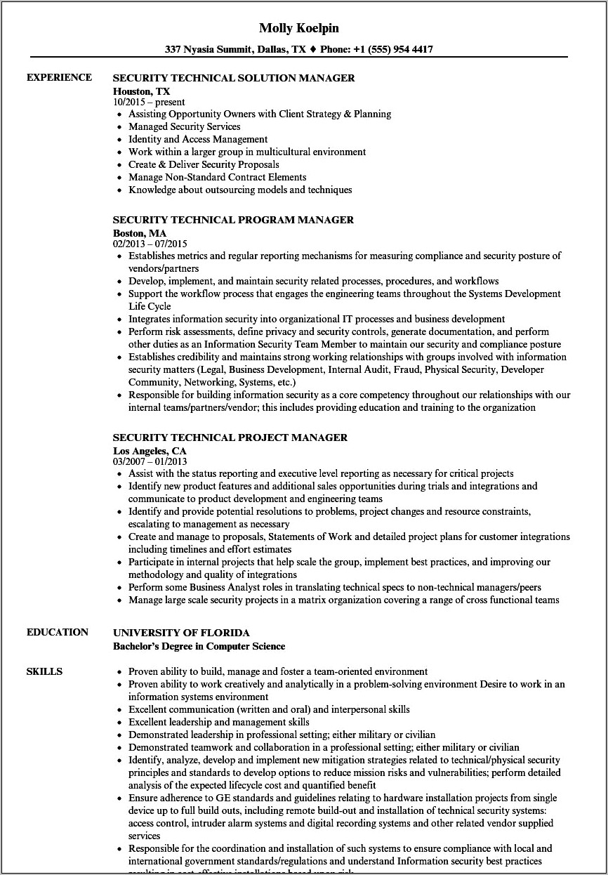 Resume Objectives Program Manager Nsa