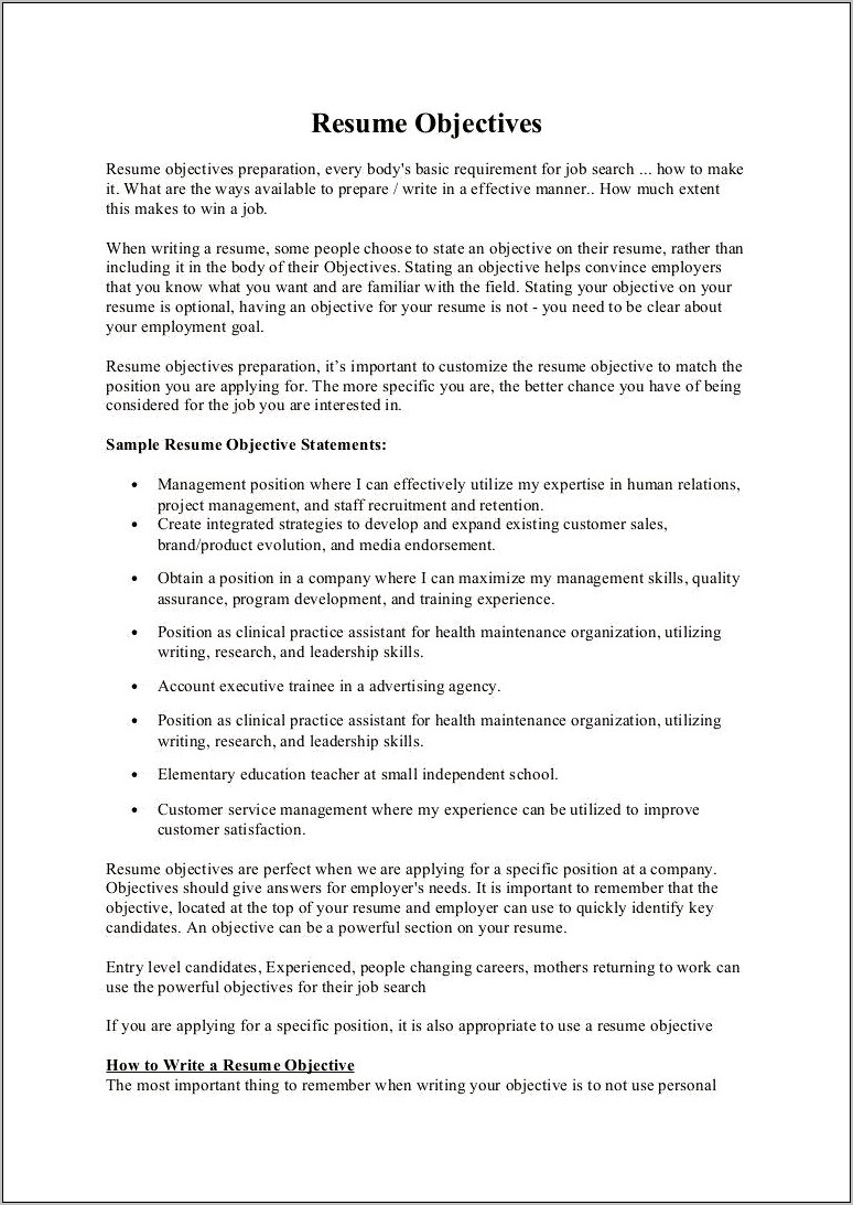 Resume Objectives To Gain Experience