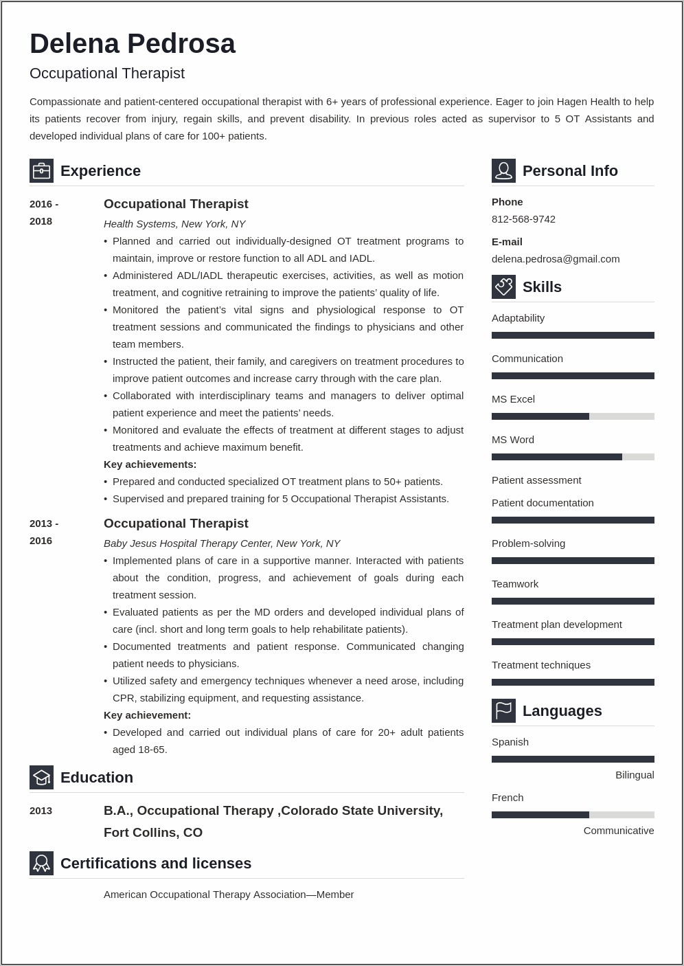 Resume Occupational Therapy Masters Sample