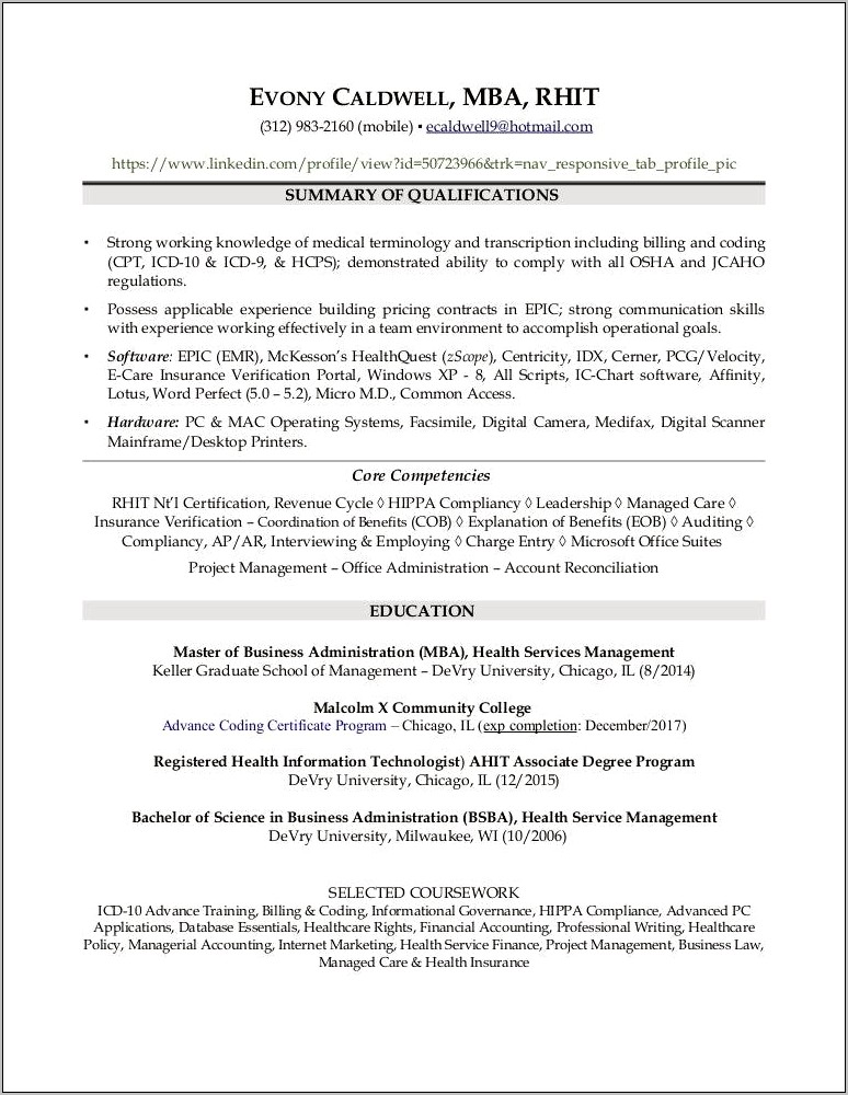 Resume Of Mba Healthcare Management