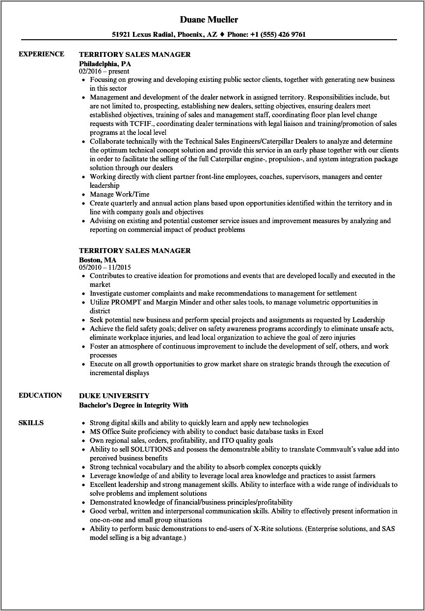Resume Of Territory Sales Manager