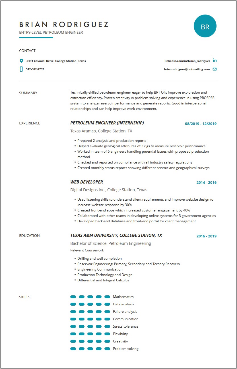 Resume Oil And Gas Example