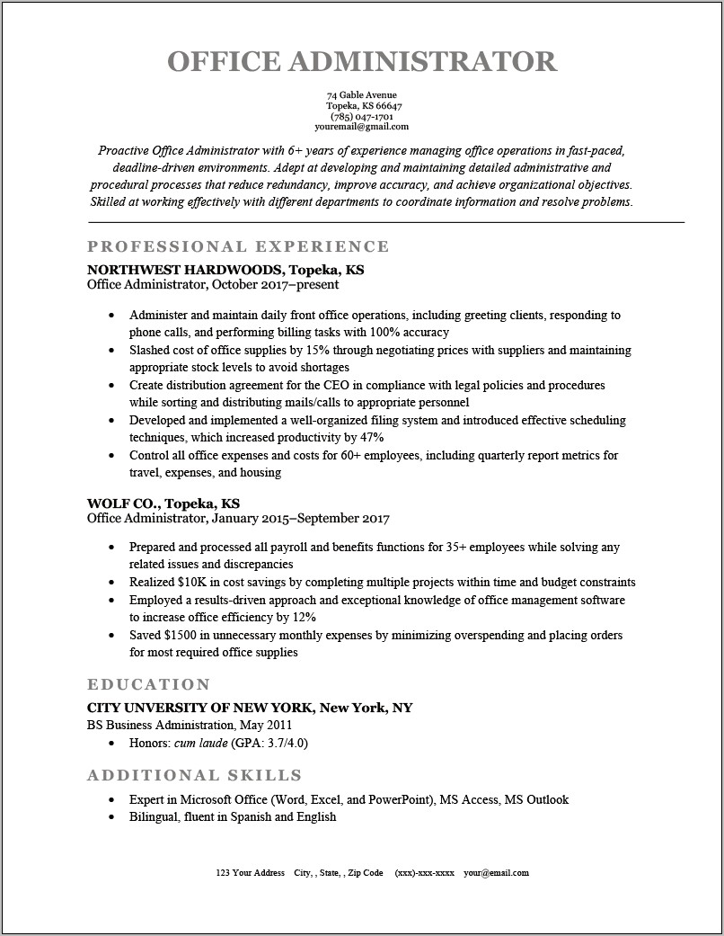 Resume Professional Summary Administrative Manager