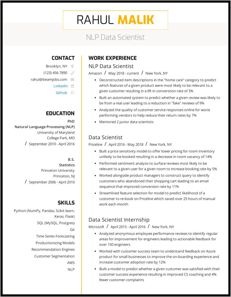Resume Profile Examples Data Scientist