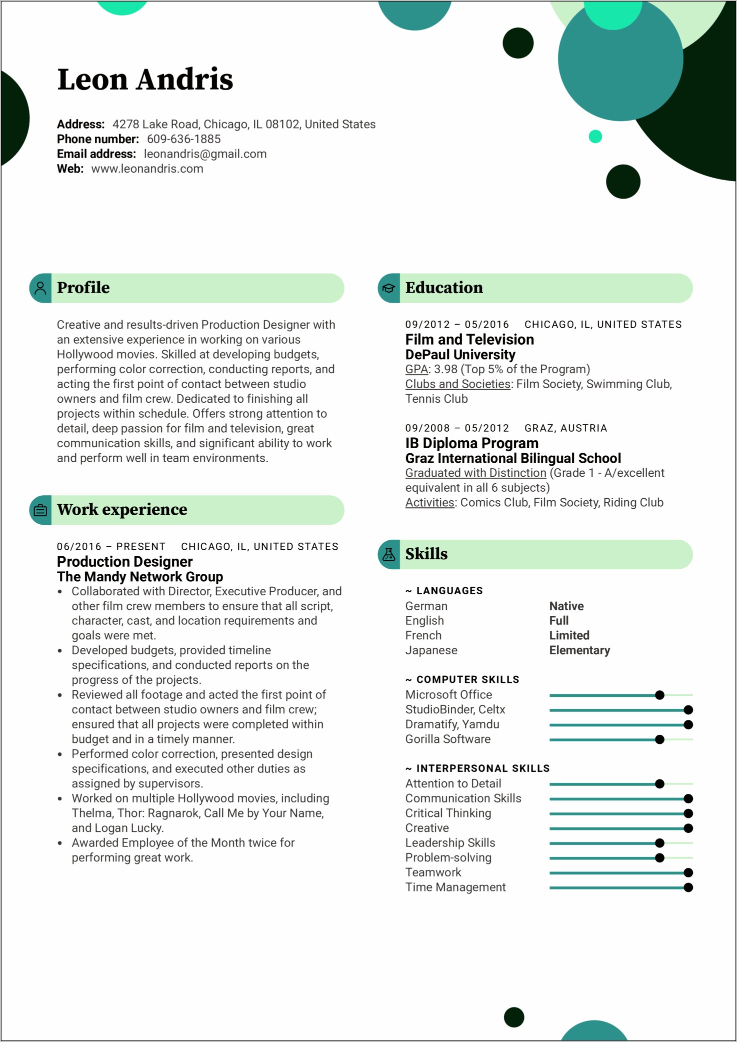 Resume Profile Examples Film Industry