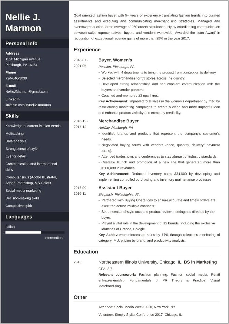 Resume Profile Examples For Fashion