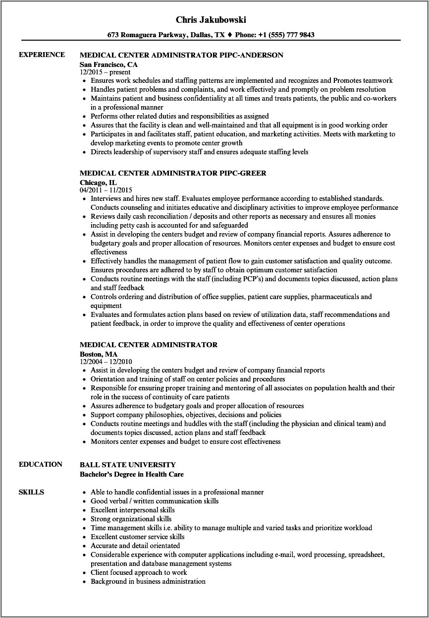 Resume Profile Examples Healthcare Administration