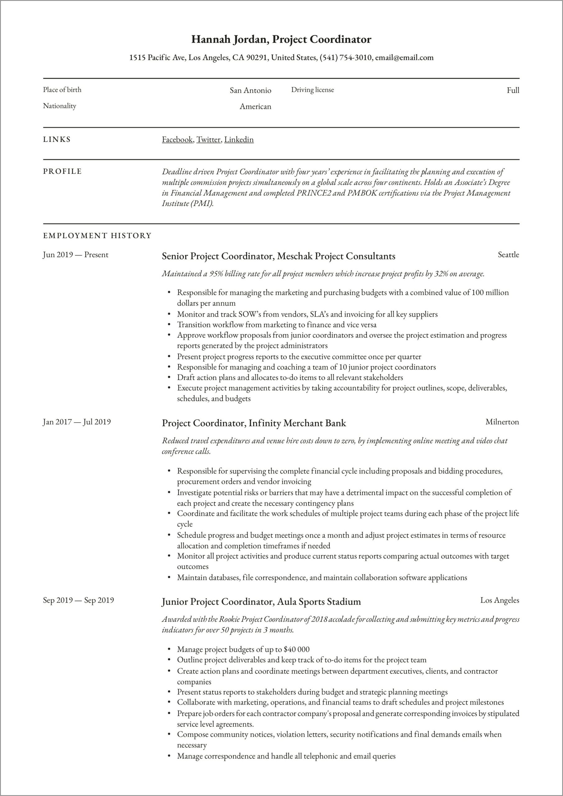 Resume Profile Examples Project Coordinator