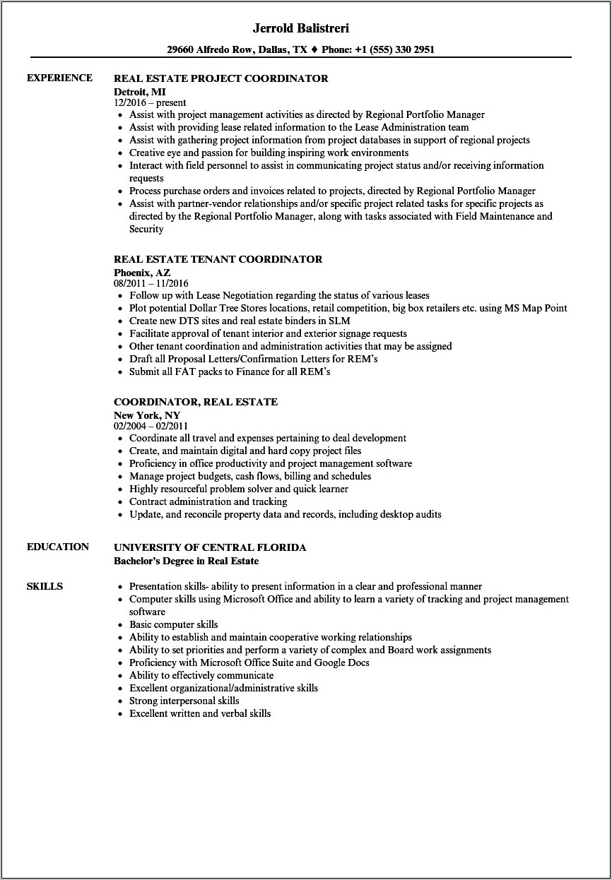 Resume Project Manager Real Estate
