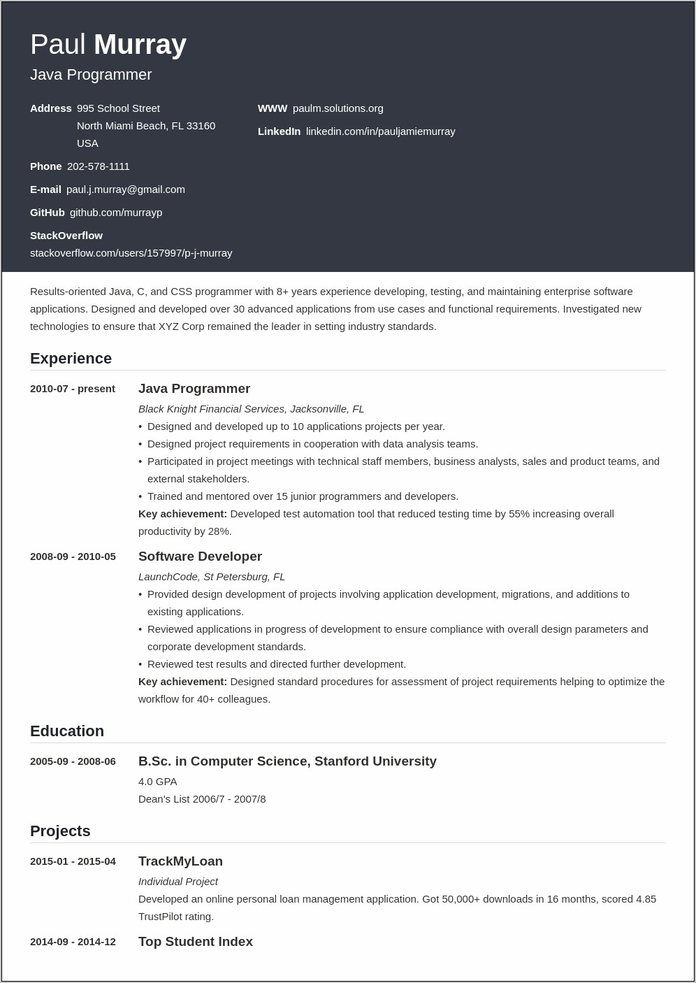 Resume Projects Section Example Freshers