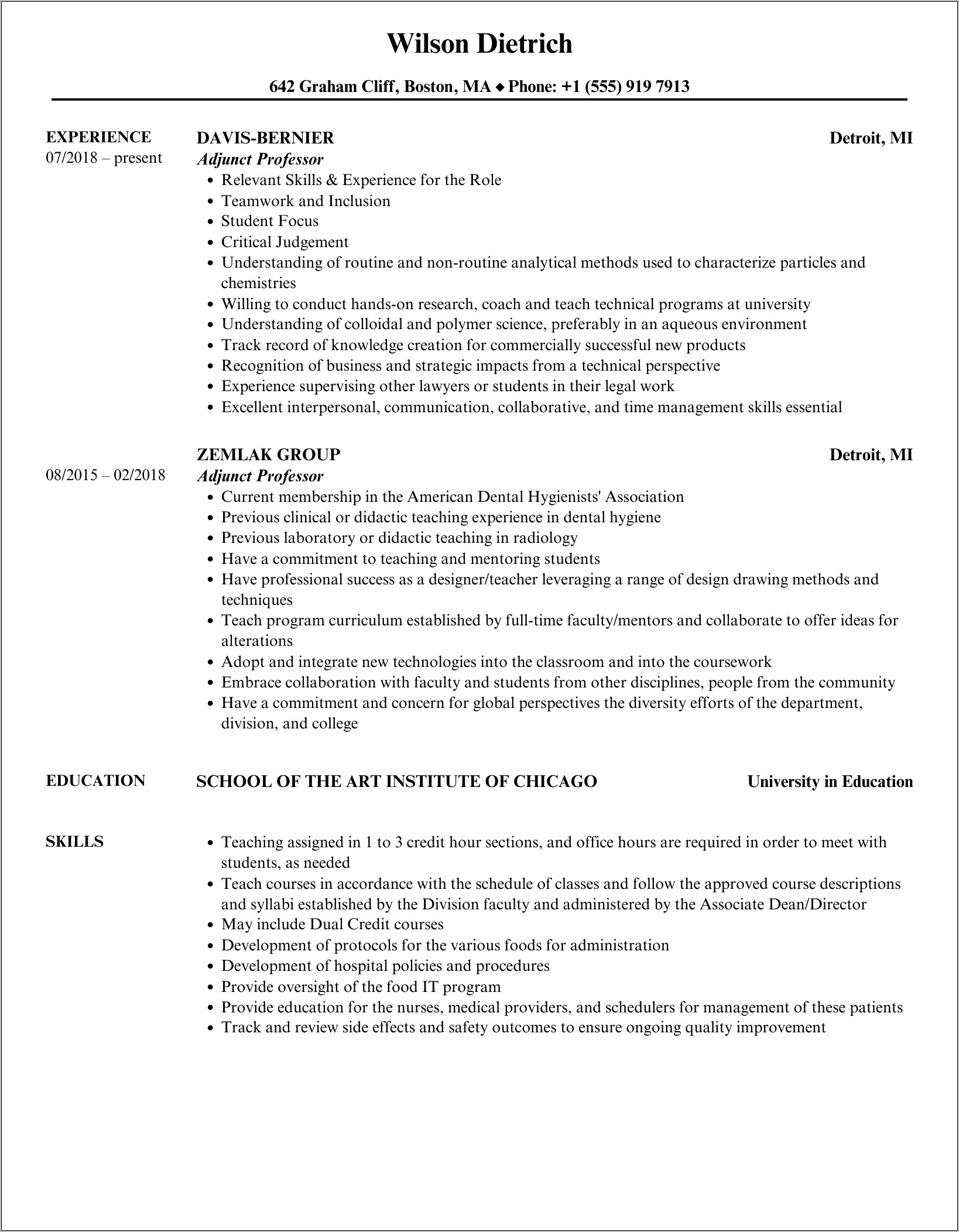 Resume Sample For Adjunct Instructor