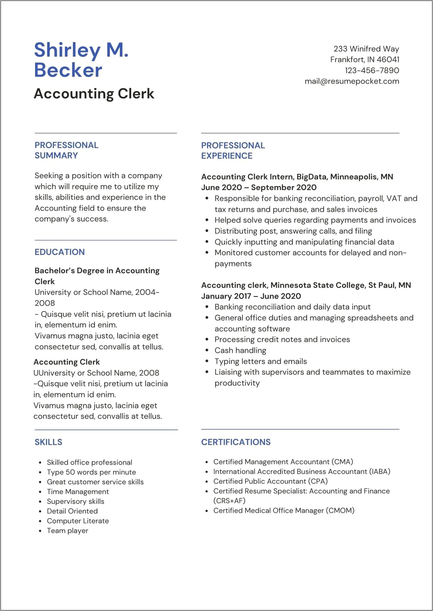 Resume Sample For Clerk Typist