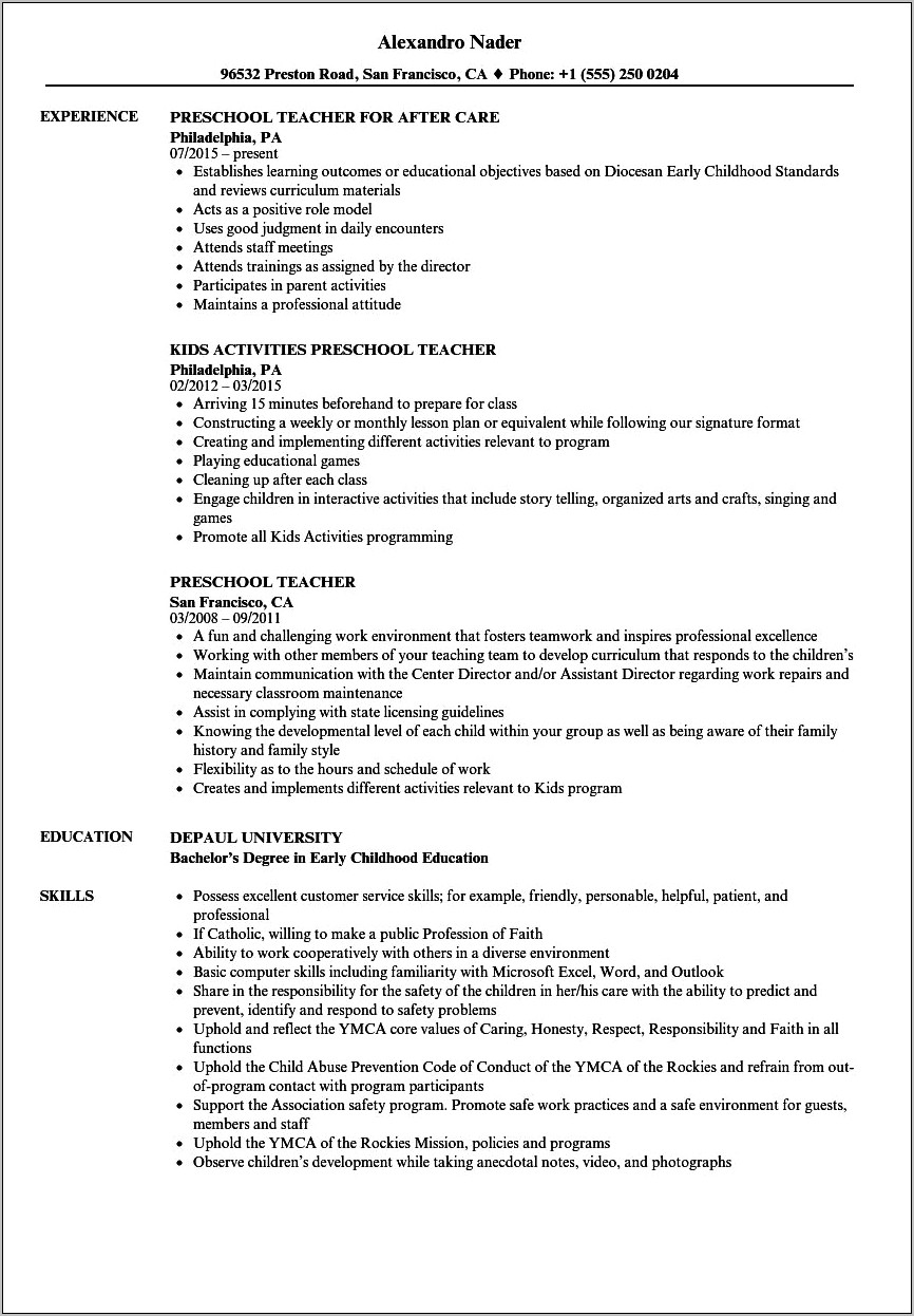 Resume Sample For Daycare Teacher