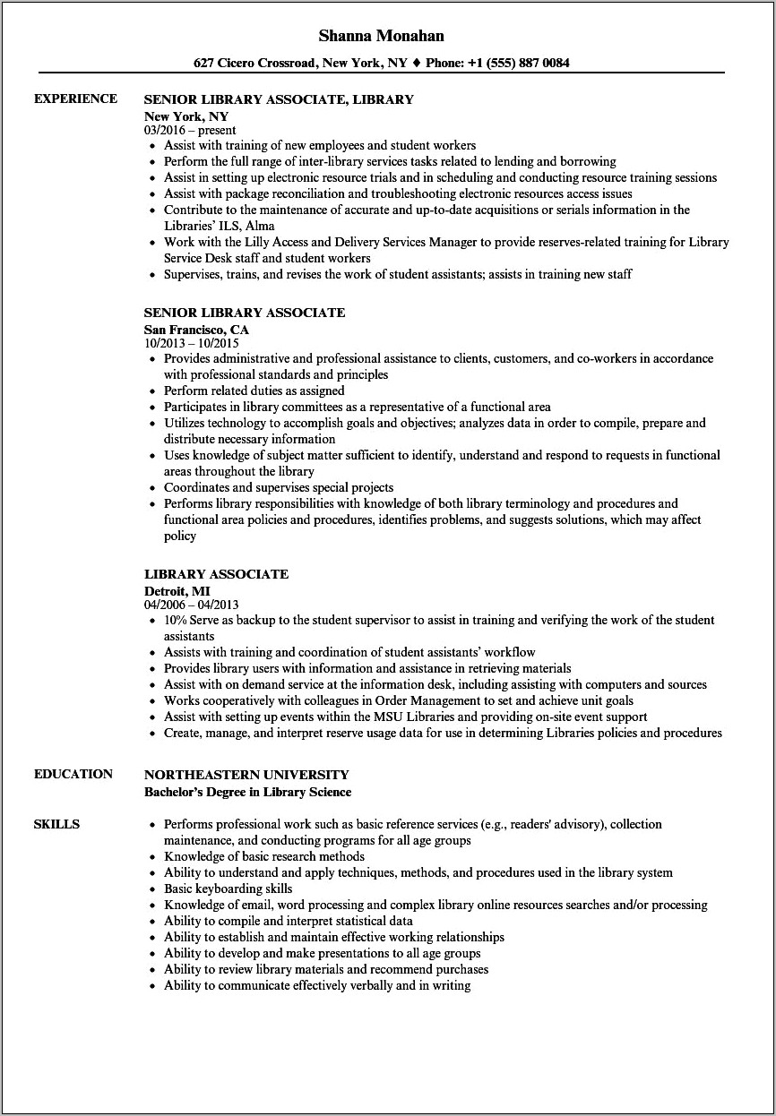 Resume Sample For Library Aide