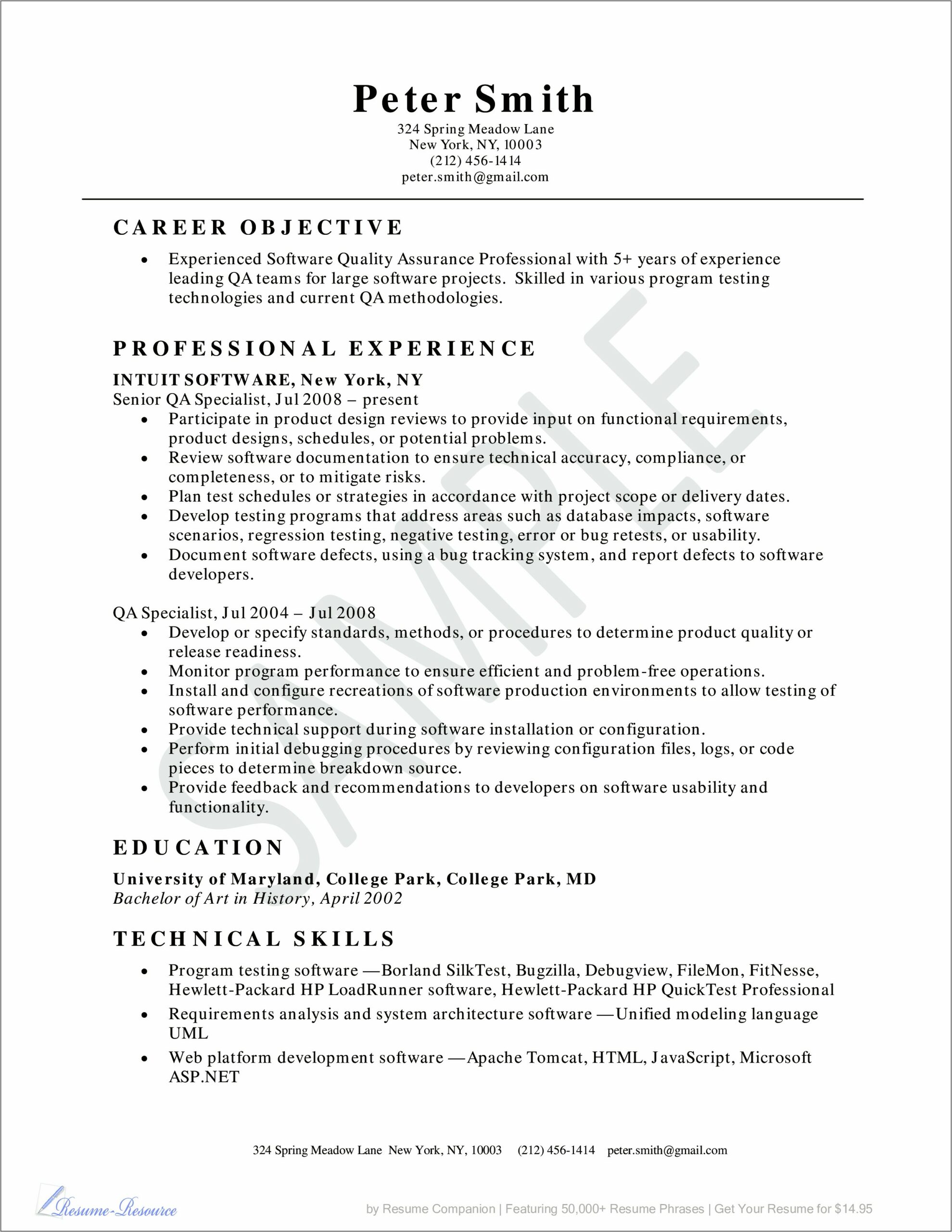 Resume Sample For Quality Analyst