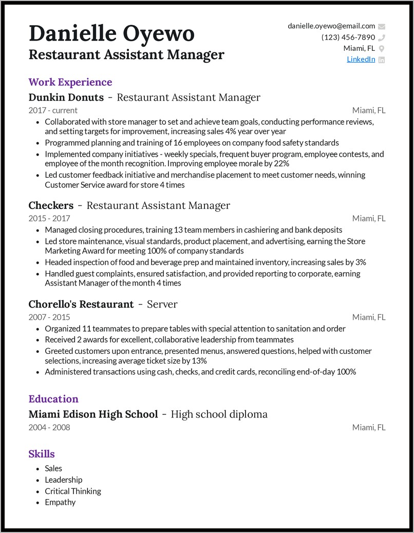 Resume Sample For Restaurant Job