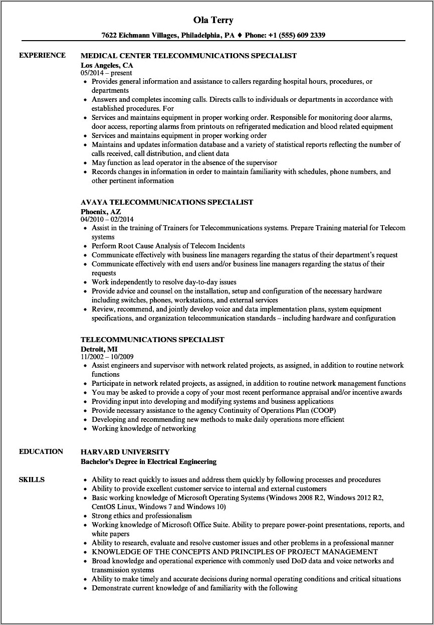 Resume Sample For Telecom Technician