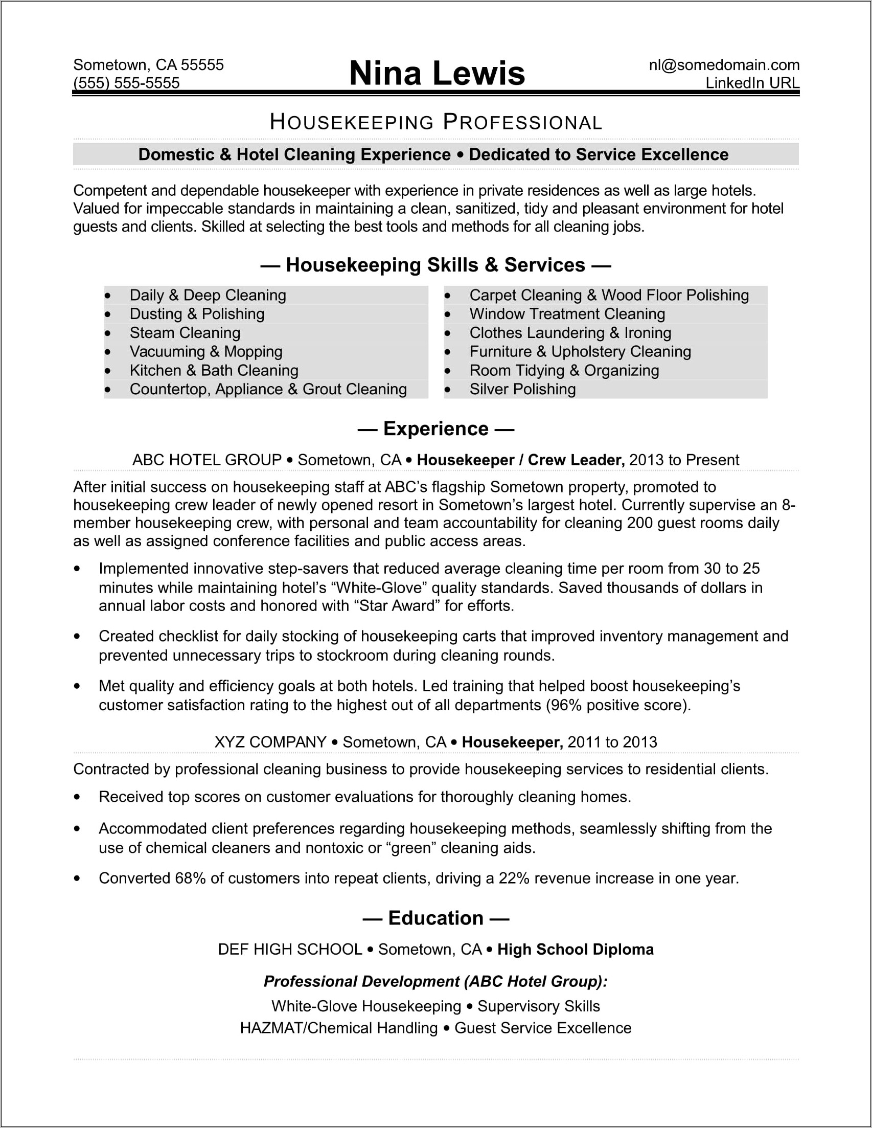 Resume Sample Housekeeper No Experience