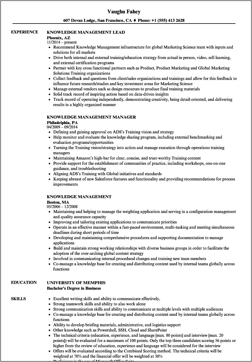 Resume Sample Knowledge Management Specialist