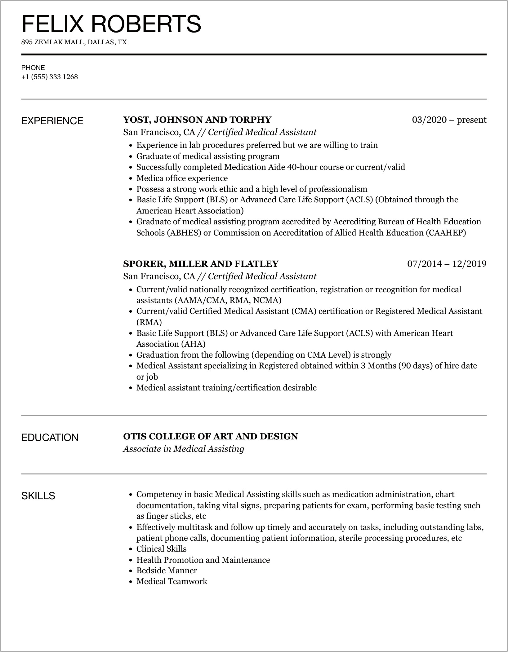 Resume Sample Of Medical Assistant