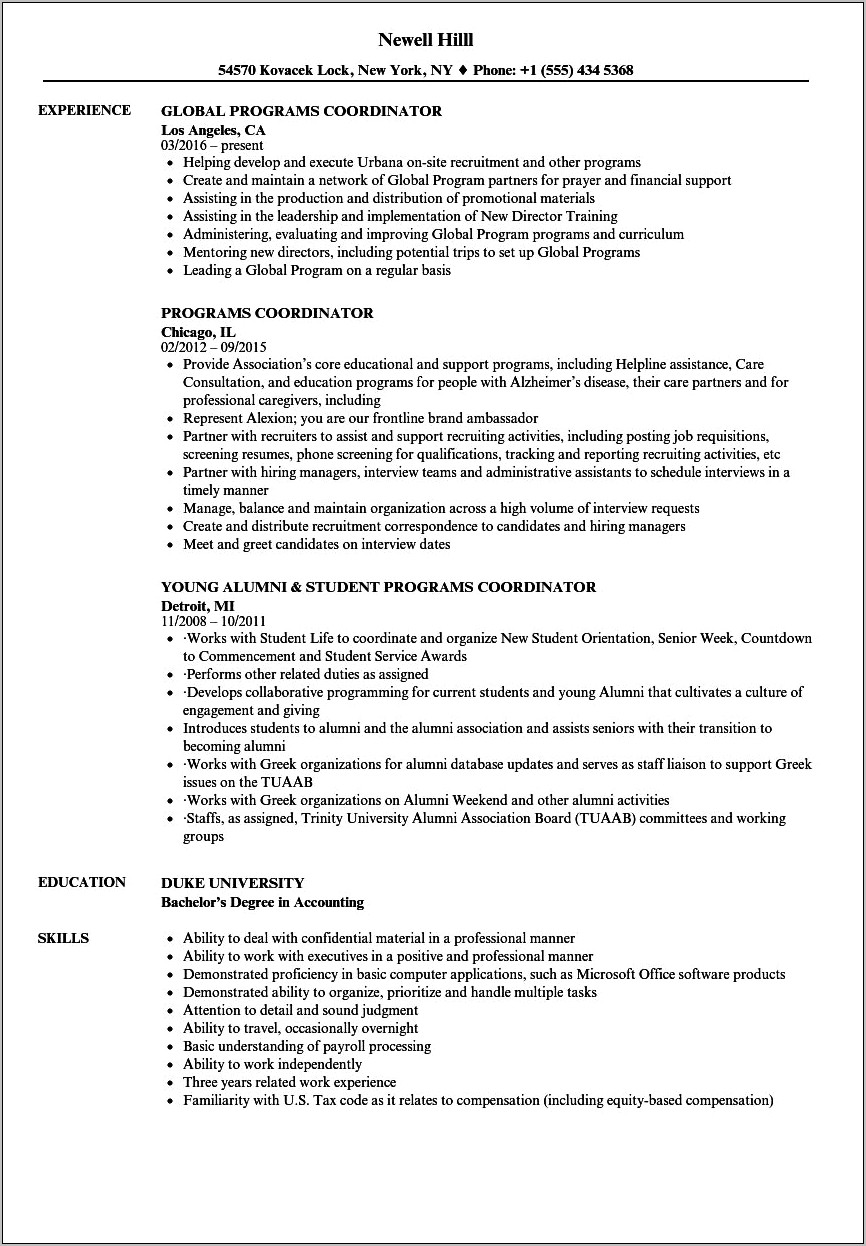 Resume Sample Program Coordinator Ii
