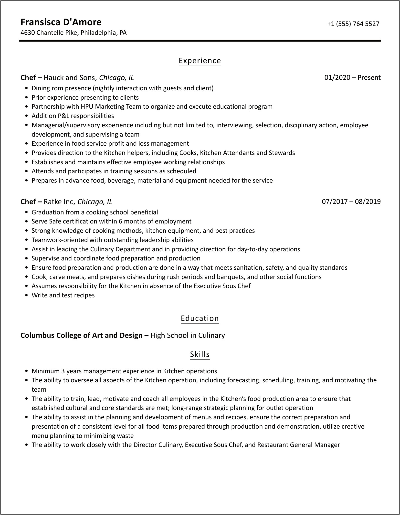 Resume Samples For A Chef