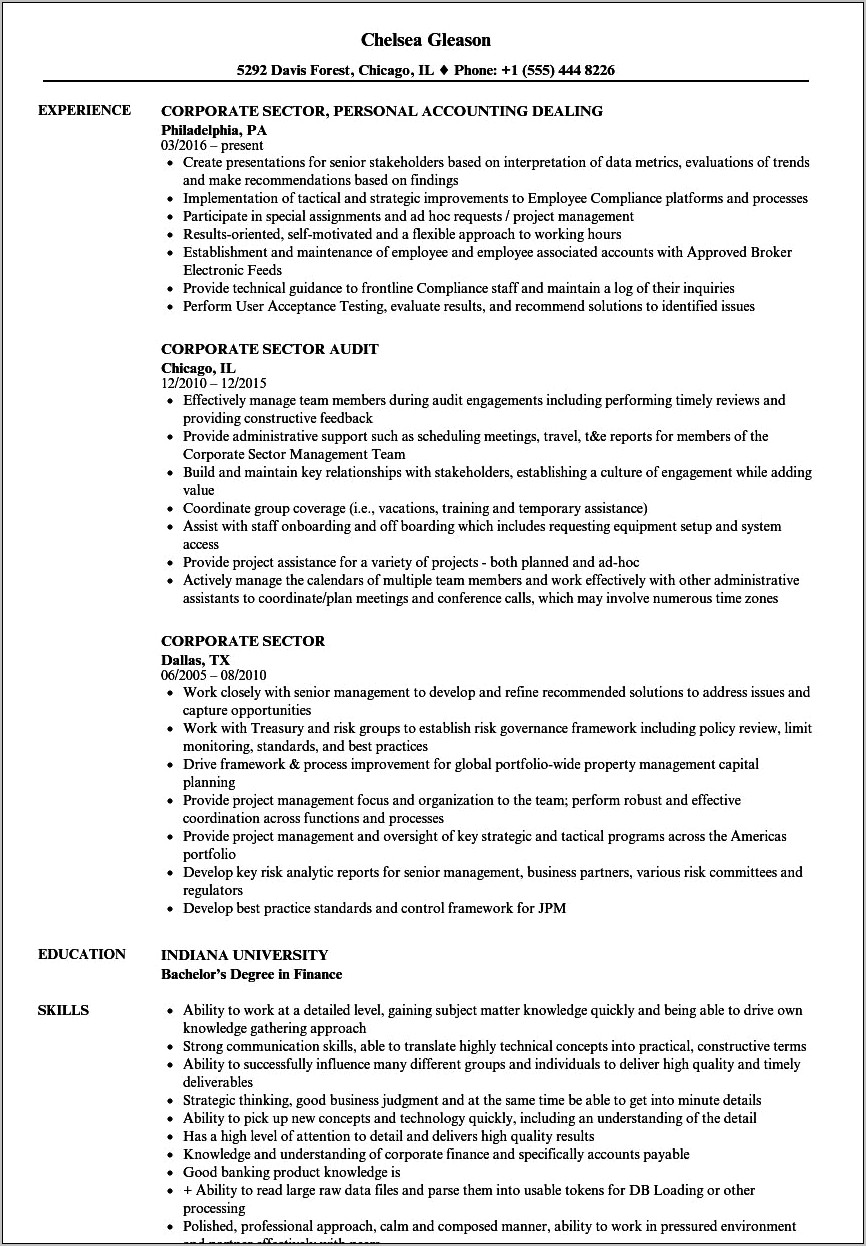 Resume Samples For Corporate Jobs