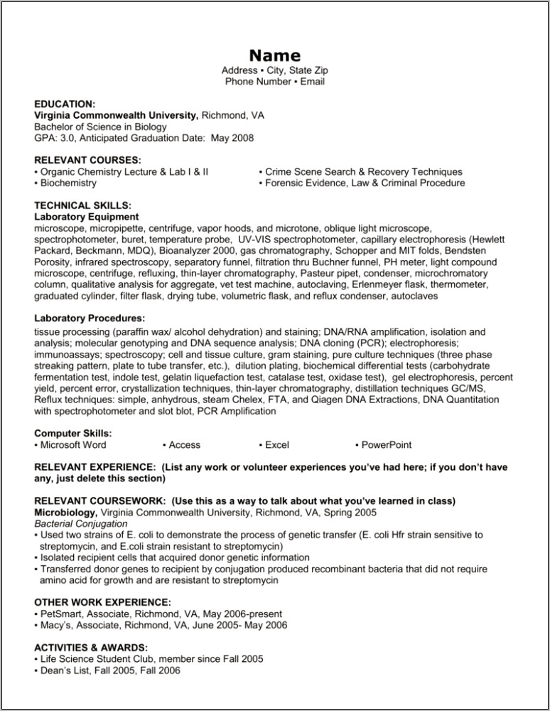 Resume Samples For Life Science