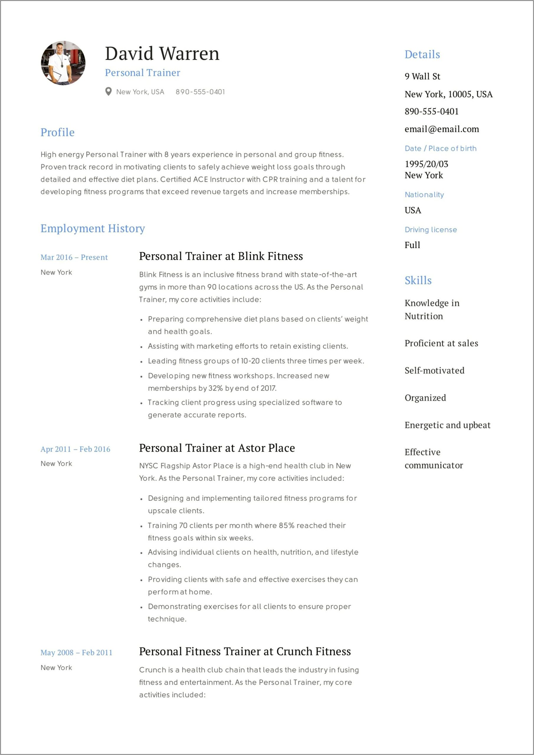 Resume Samples For Personal Trainers