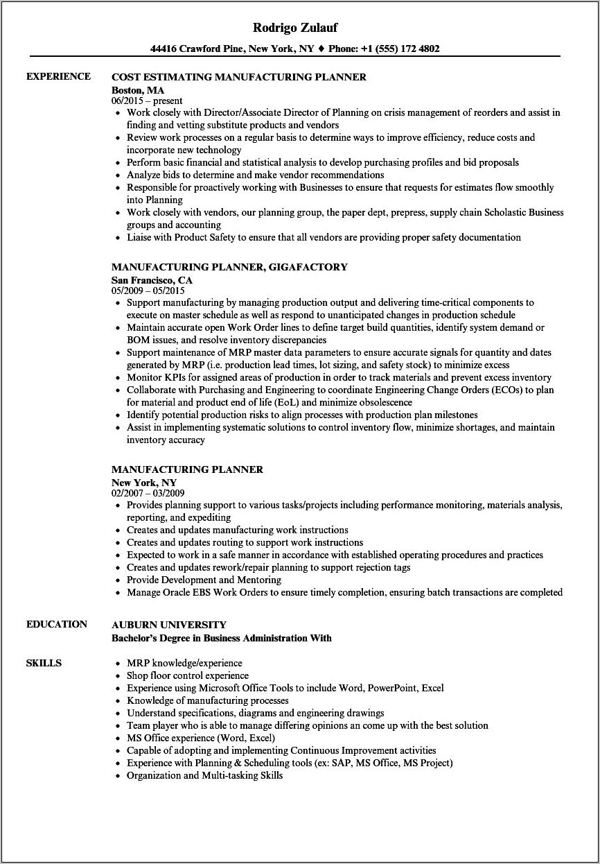 Resume Samples For Production Planning