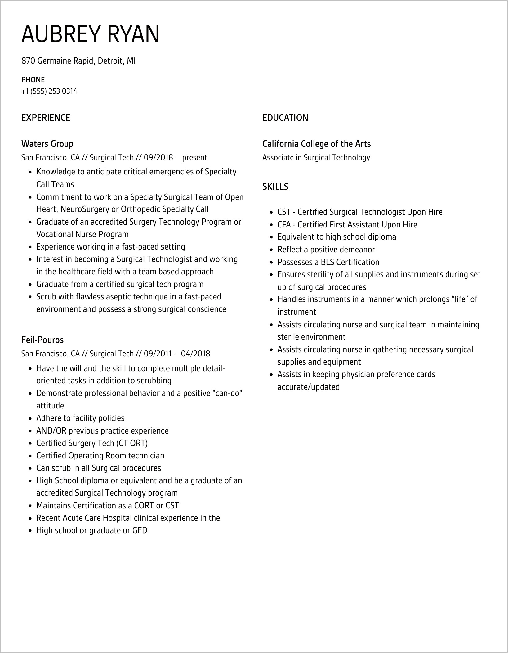Resume Samples For Surgical Technologist
