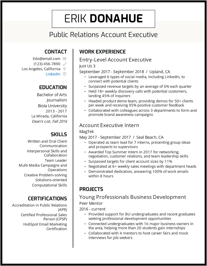 Resume Samples For Young Professional