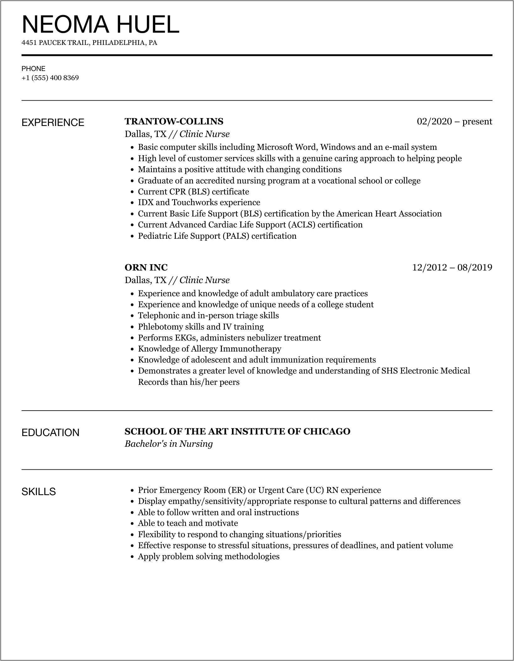 Resume Skill Examples For Nursing
