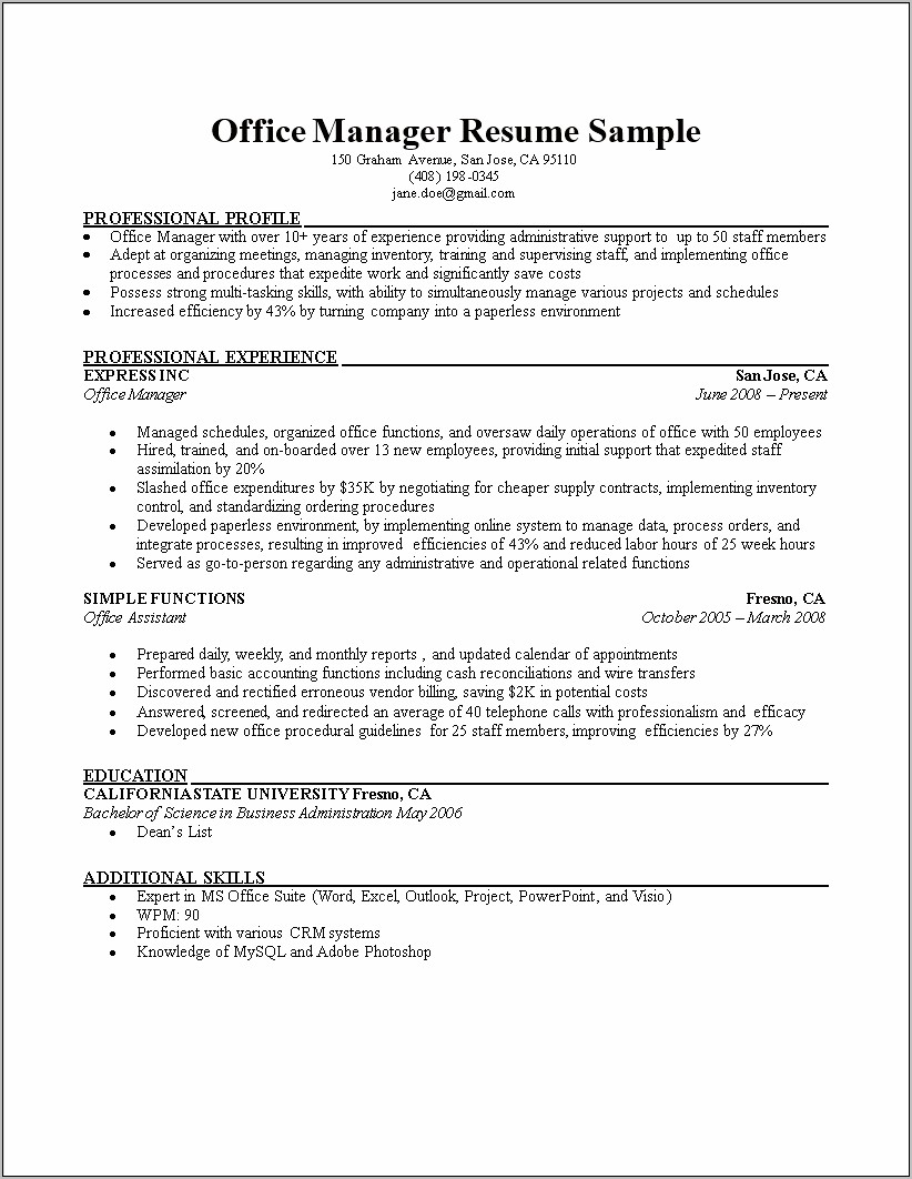 Resume Skills Examples Office Manager