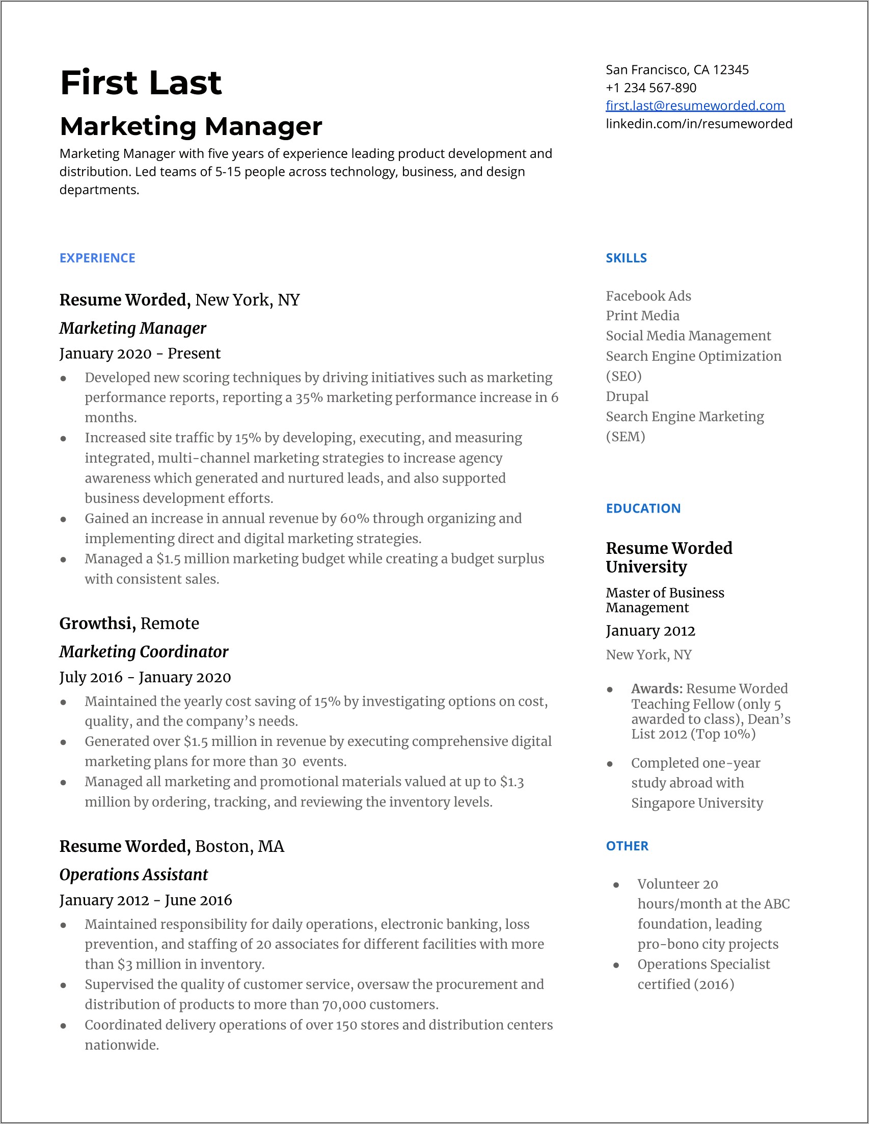 Resume Skills For Marketing Manager