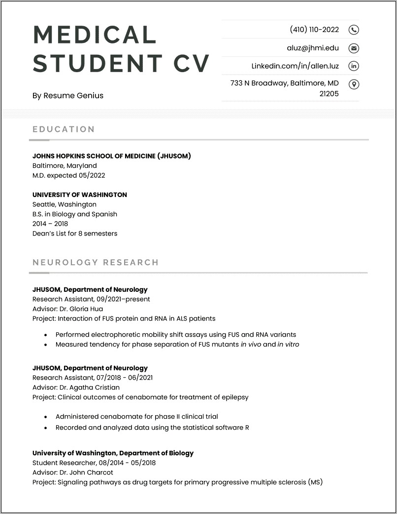 Resume Skills For Premed Students