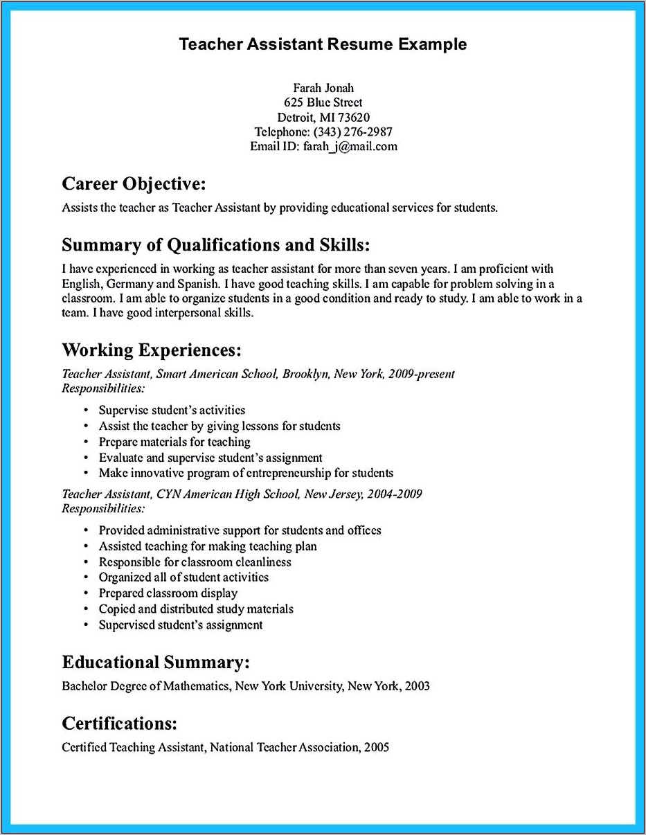 Resume Skills For Teacher Assistant