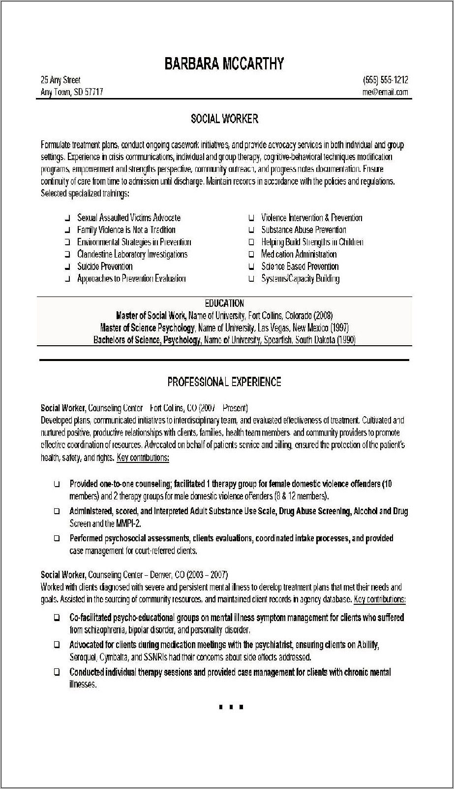 Resume Social Work Students Examples