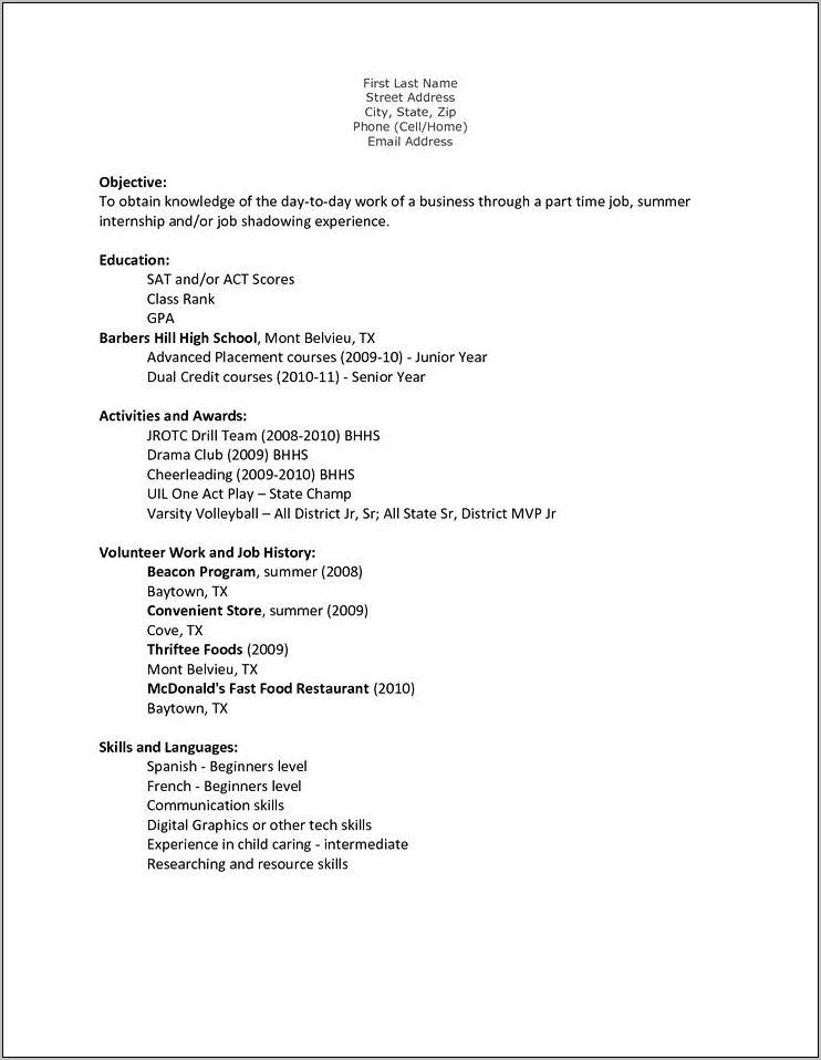 Resume Structure For First Job