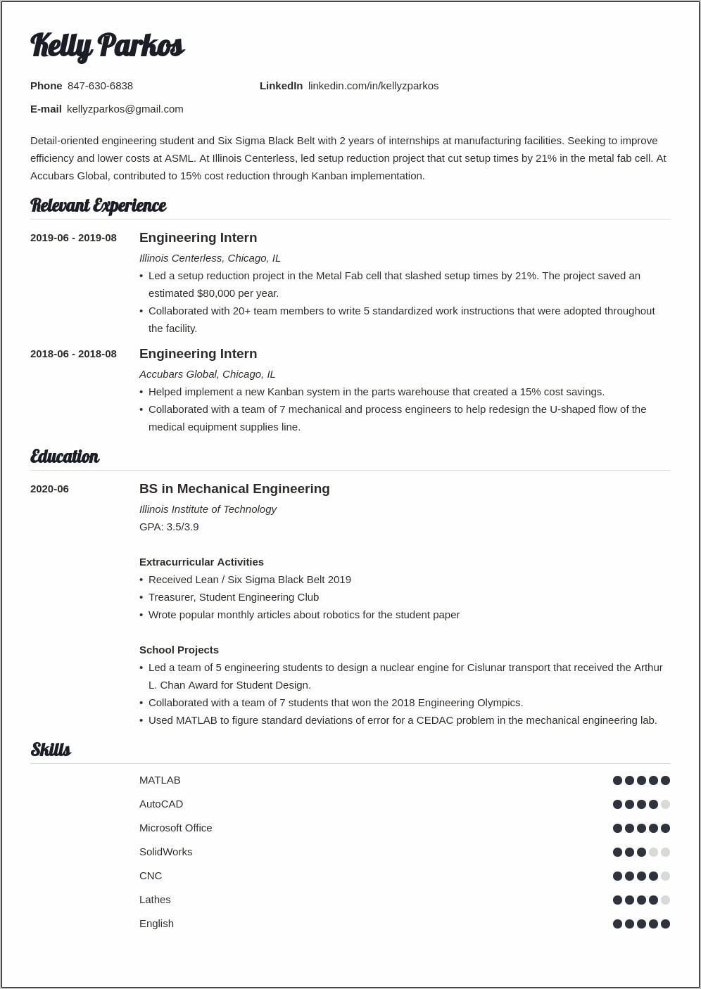 Resume Summary Engineer Student Example