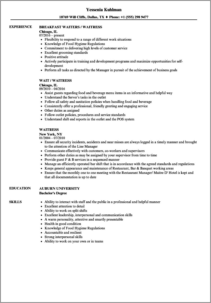 Resume Summary Examples For Waitress