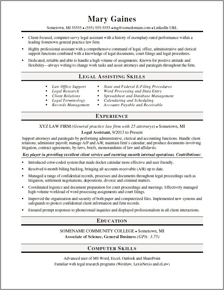 Resume Summary Examples Legal Assistant