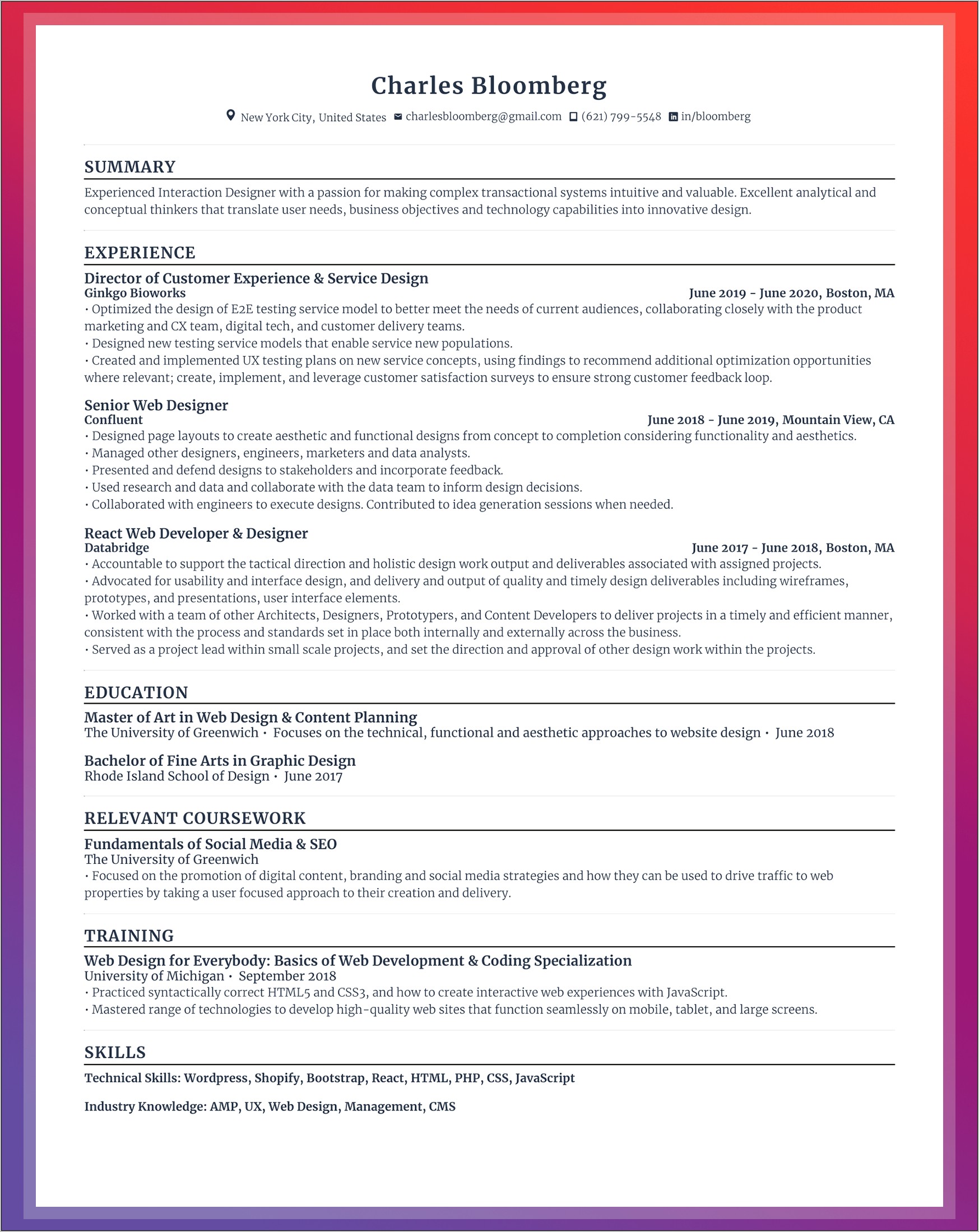 Resume Summary Examples Web Design