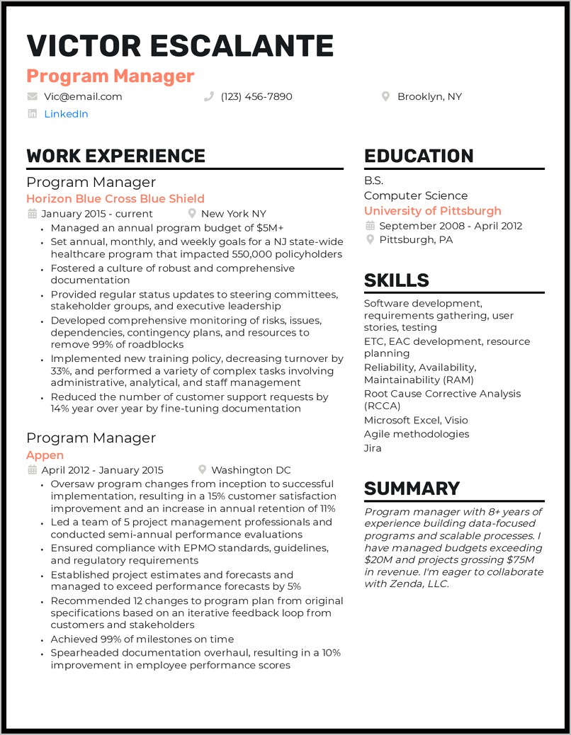 Resume Summary For Program Manager