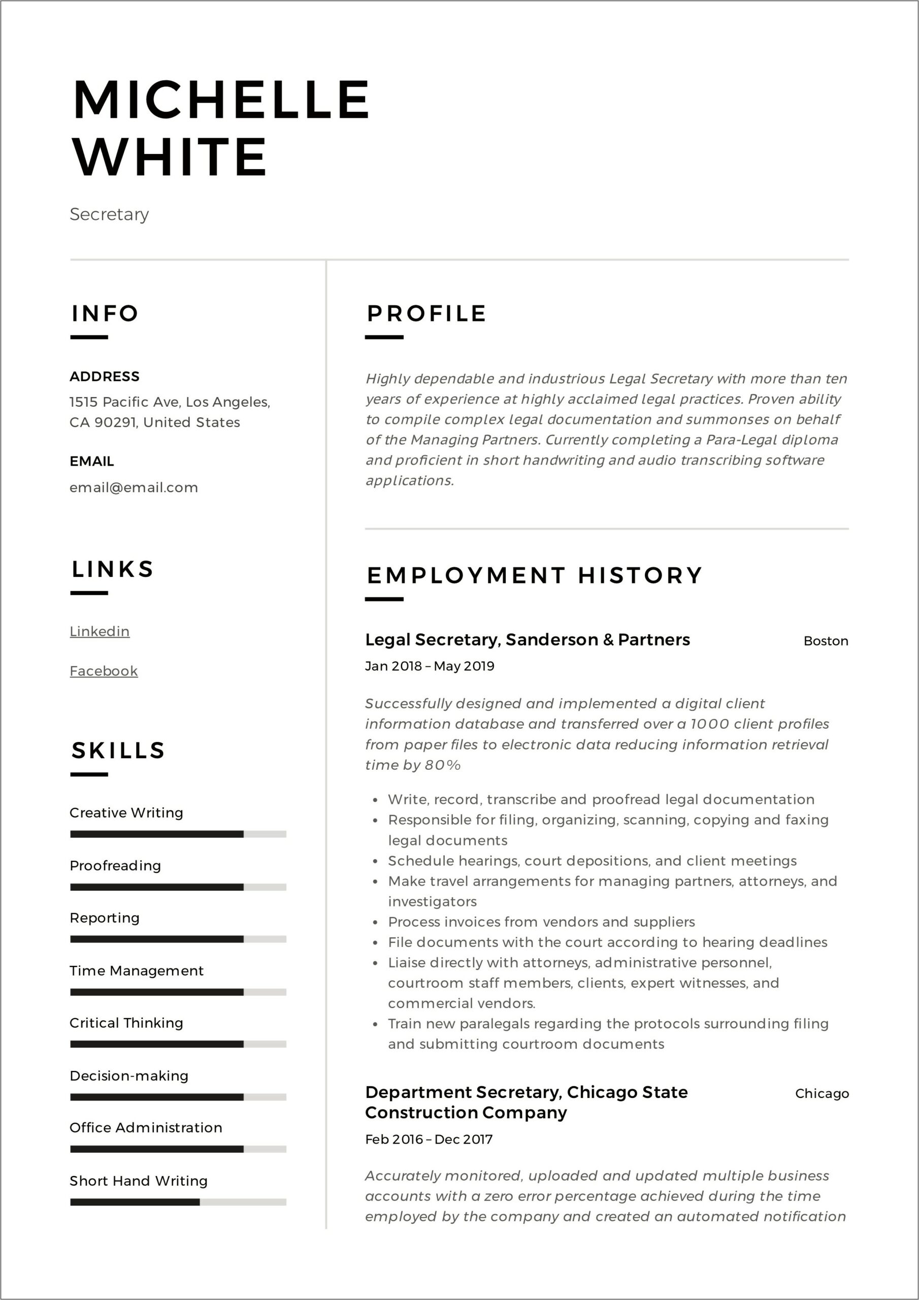 Resume Summary For Secretary Job