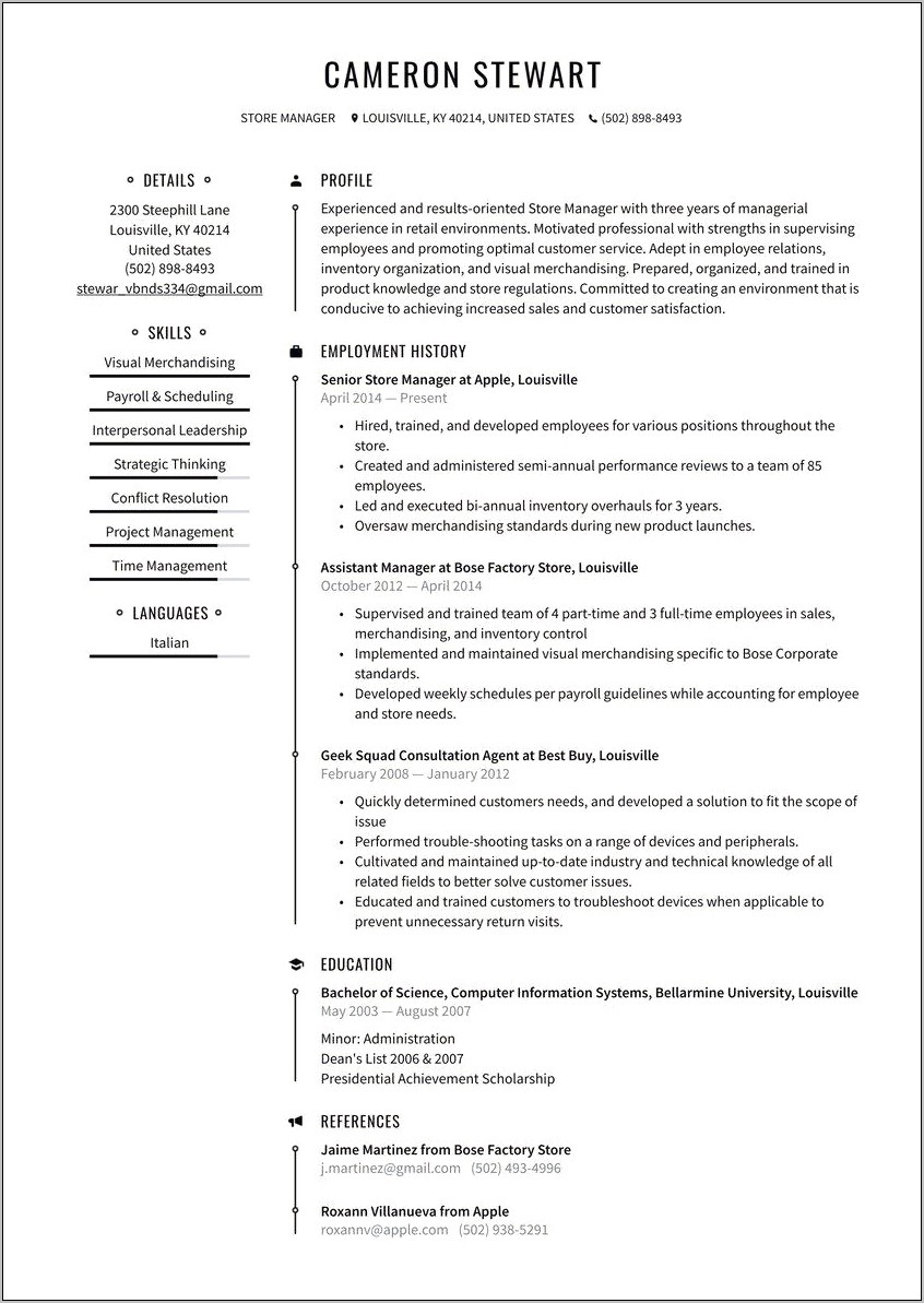 Resume Summary For Store Manager
